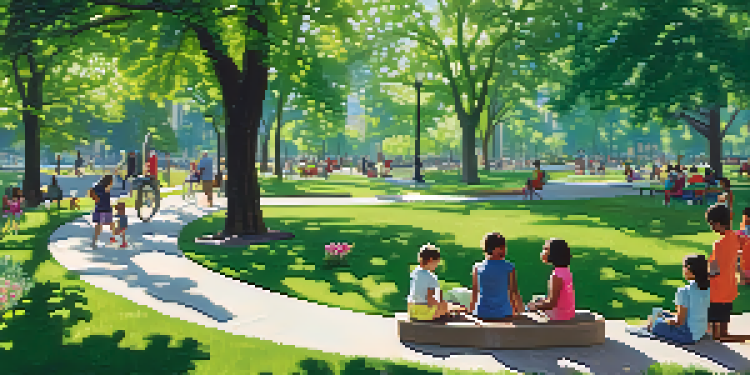 A lively urban park filled with green trees and blooming flowers, with diverse people jogging, reading, and playing. Sunlight filters through the leaves, creating dappled shadows.