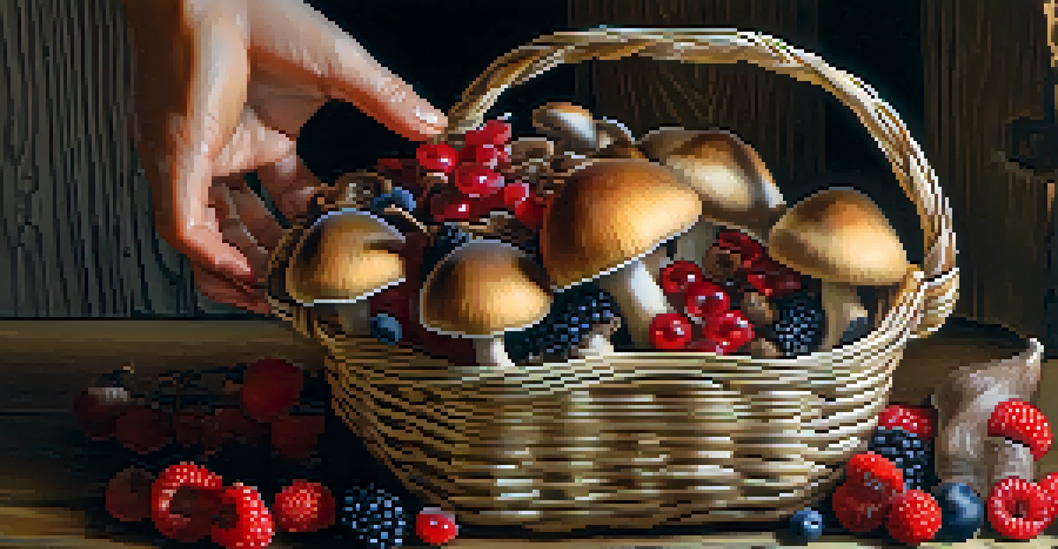 Close-up of hands holding a basket filled with mushrooms and wild berries on a wooden table.