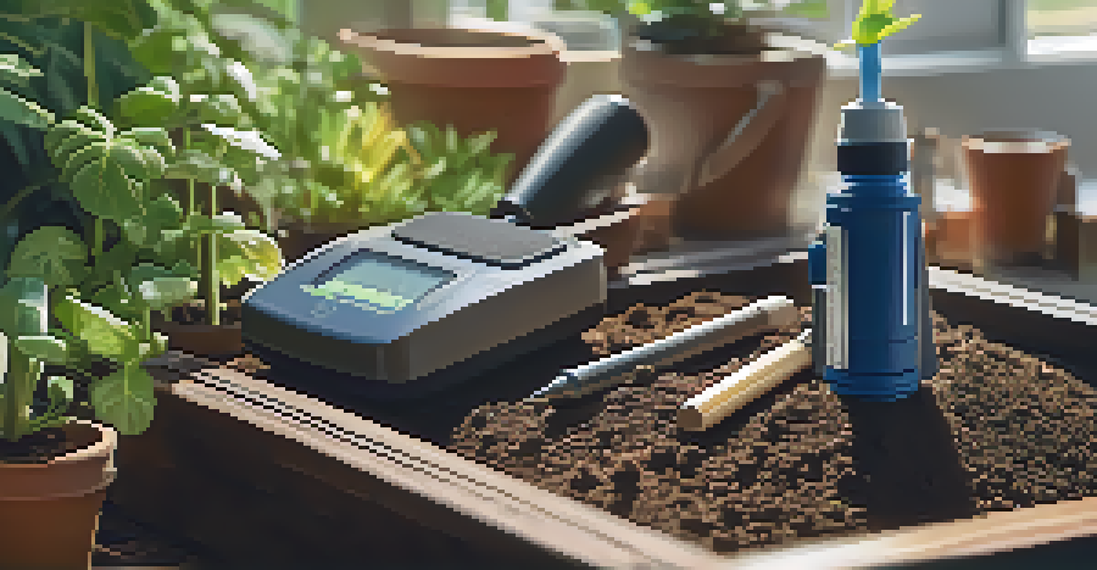 A close-up of a hand testing soil pH with a meter, surrounded by gardening tools and potted plants, in a green garden setting illuminated by sunlight.