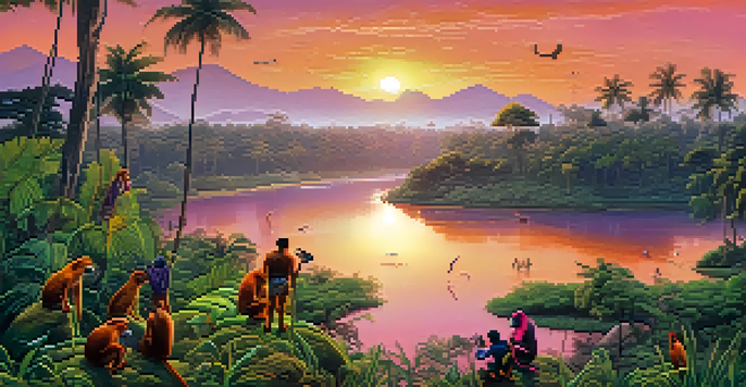 A sunset over a rainforest with wildlife, and local community members planting trees in the foreground.