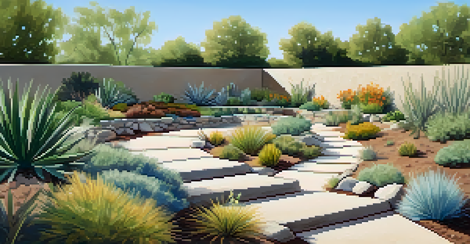 A tranquil xeriscaped backyard with raised garden beds, boulders, and a dry creek bed under a clear blue sky.