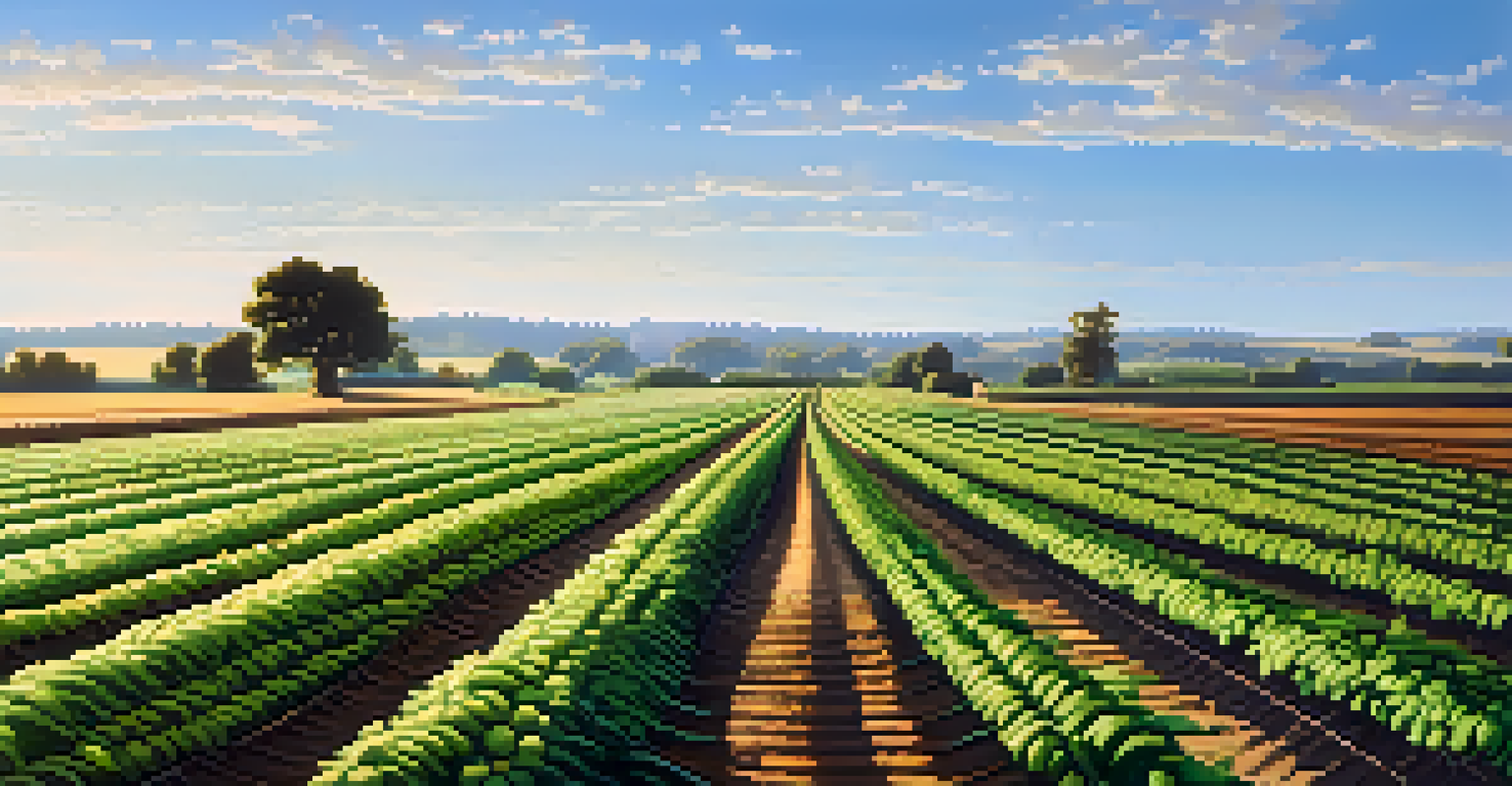 A landscape of rows of crops in a field under a blue sky, demonstrating plants growing towards sunlight.
