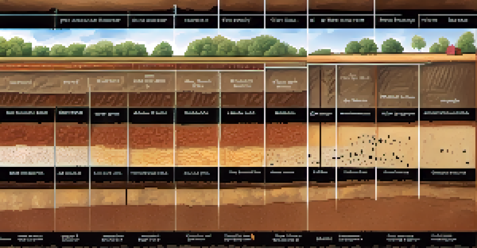Close-up cross-section of soil layers showing sandy, silt, and clay textures, with annotations on pH levels and organic matter.