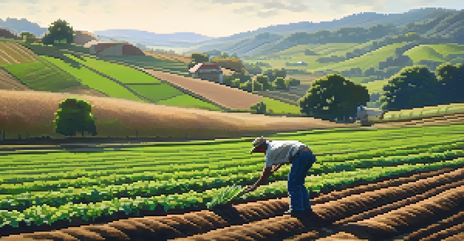A farmer planting cover crops in a field to prevent soil erosion, with rolling hills in the background.