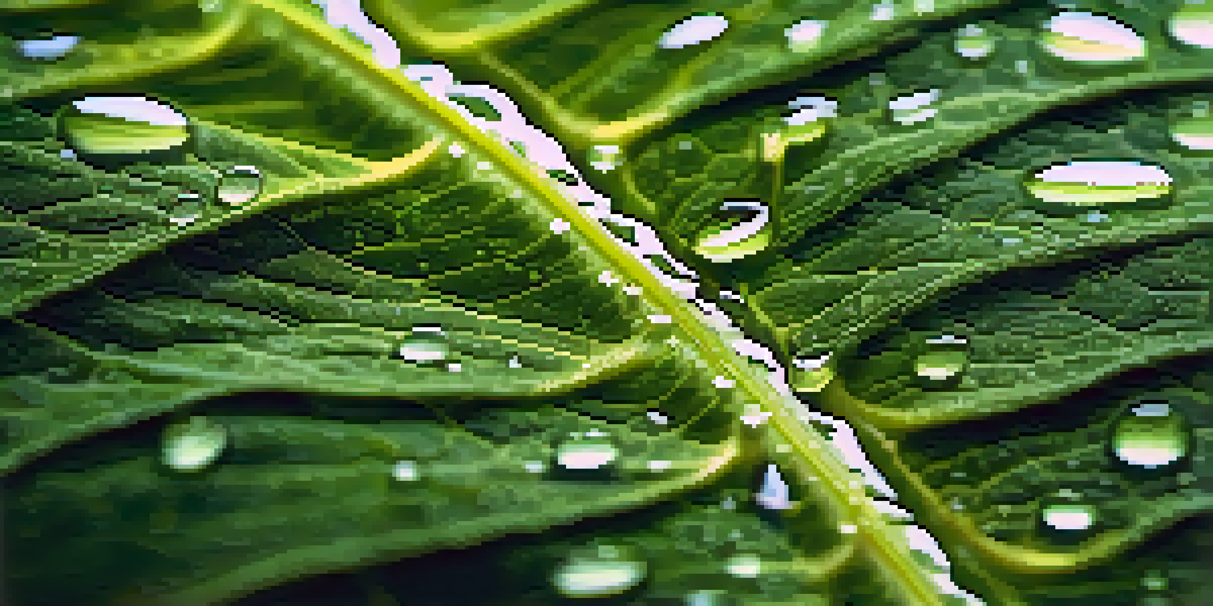 A close-up of a green leaf with water droplets, illuminated by soft sunlight, showing intricate veins.