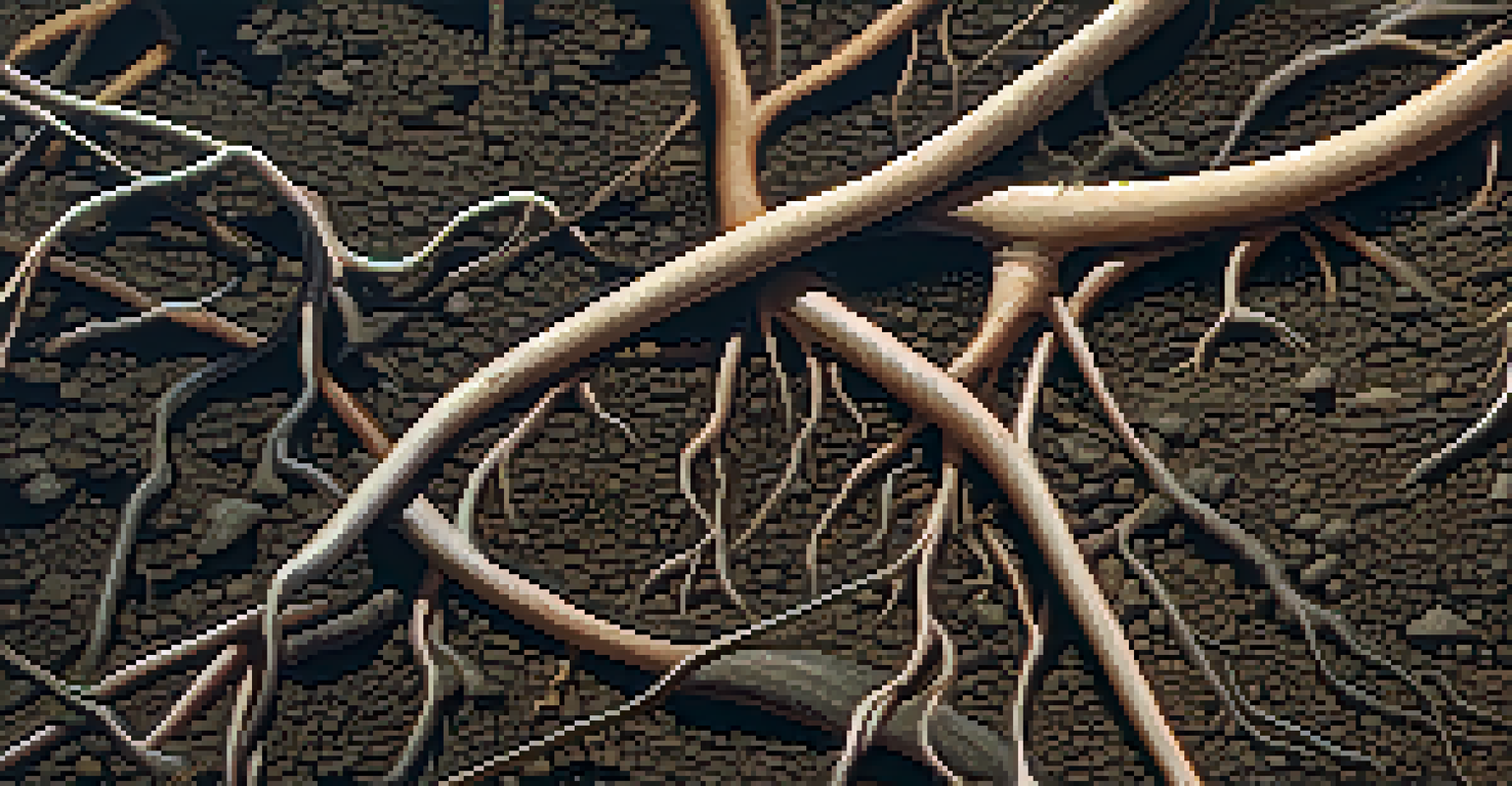 A close-up view of native plant roots in rich soil, showcasing their structures and the healthy ecosystem.