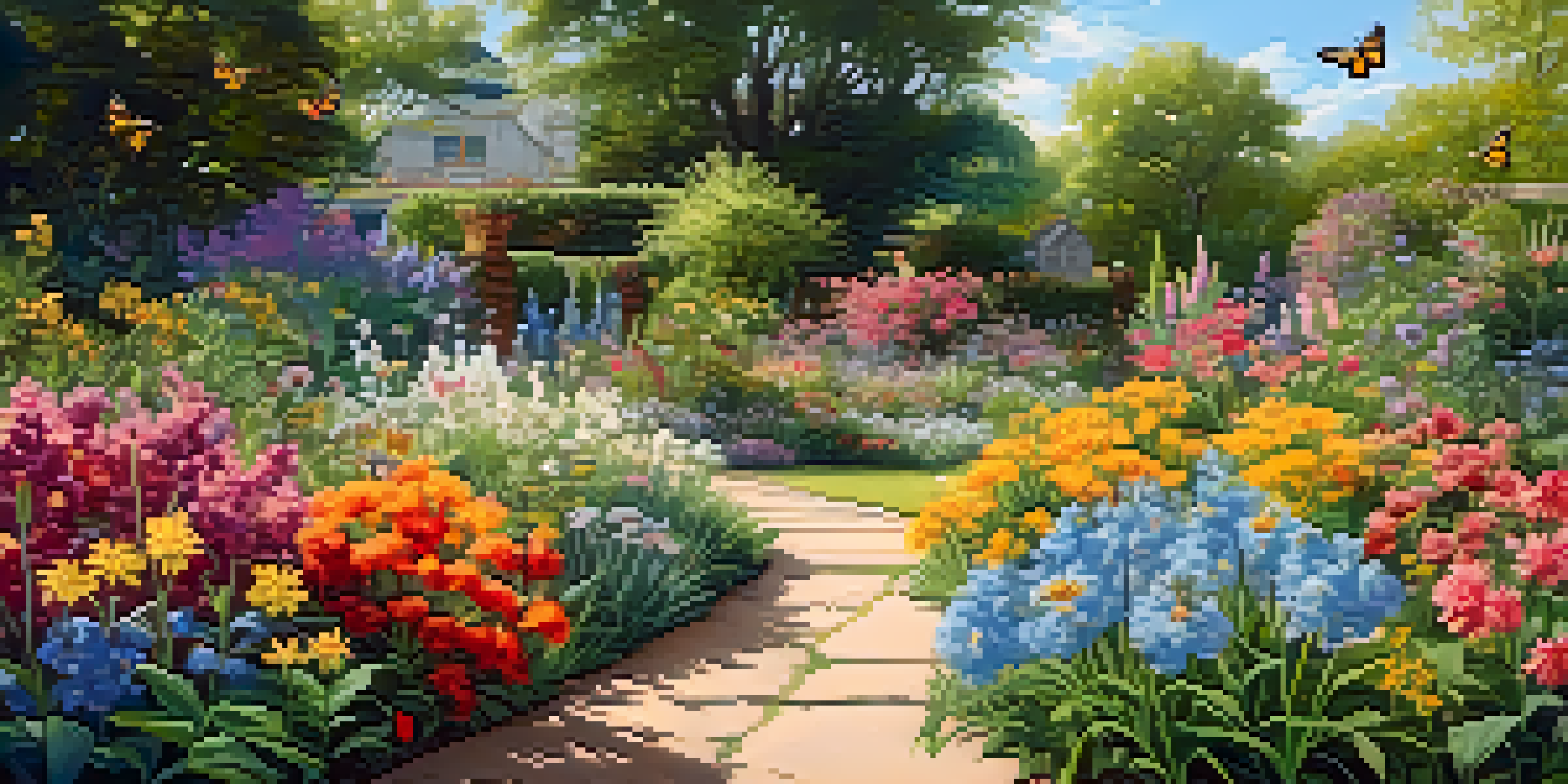 A colorful garden with various flowers, bees, and butterflies under a sunny sky.