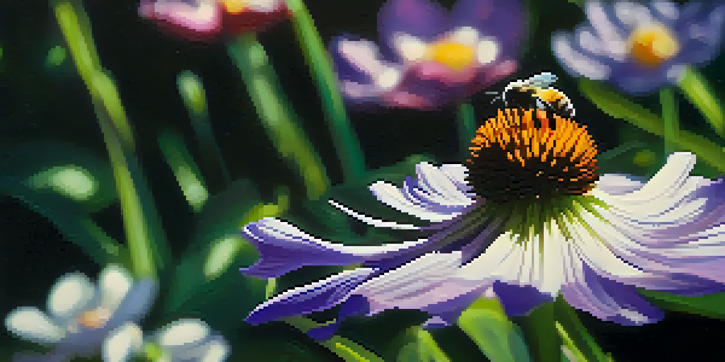 A close-up of a purple flower with white veins surrounded by green leaves and a bee hovering nearby.