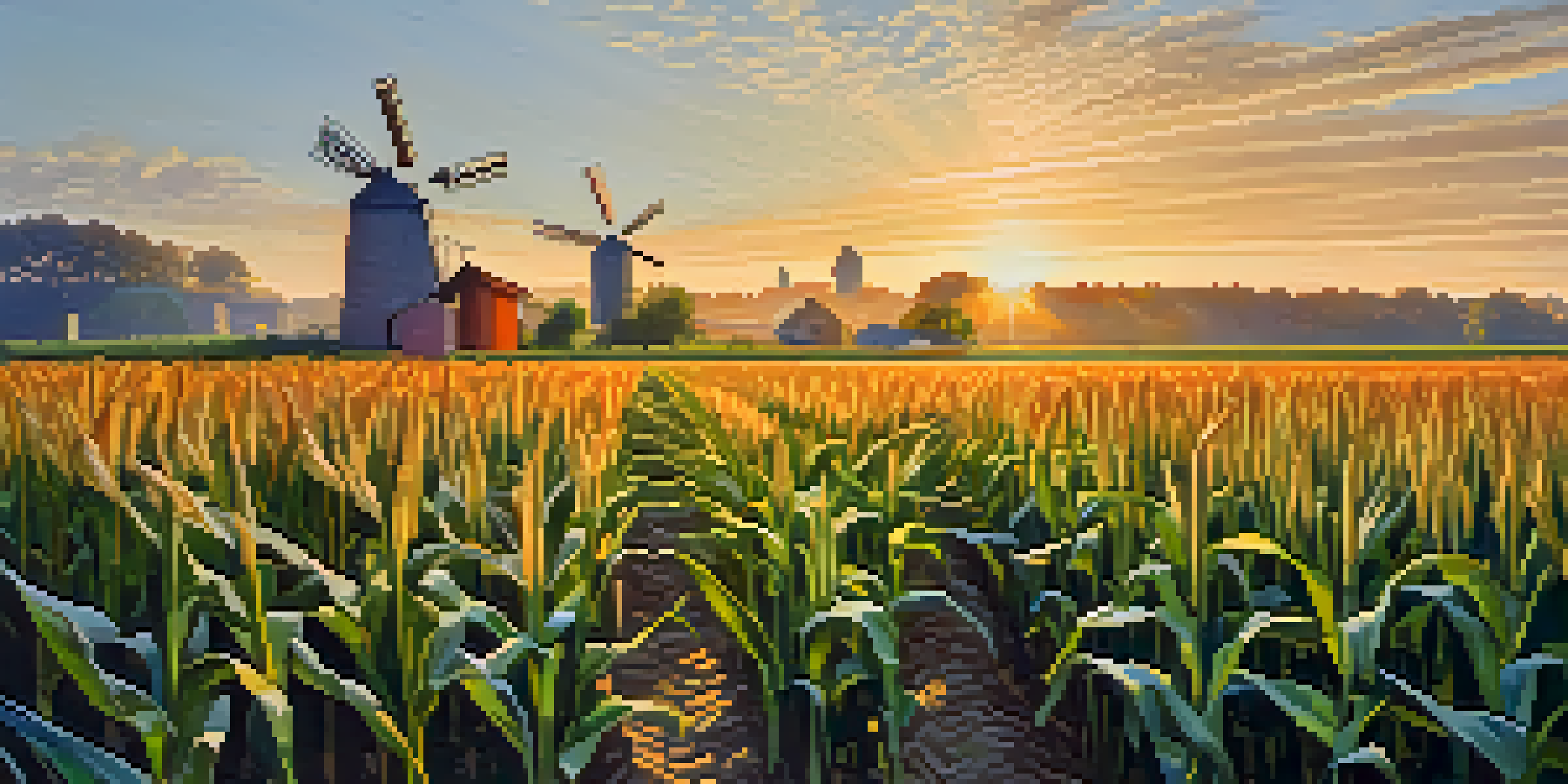 A cornfield at sunrise with green stalks and piles of corn husks in the foreground.