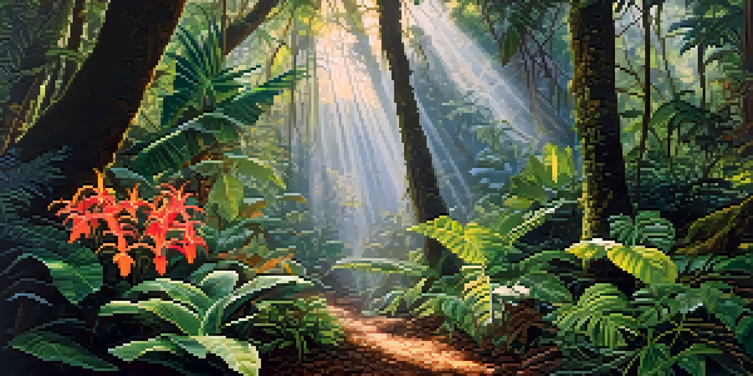 A lush tropical rainforest filled with various plants, trees, and colorful flowers, with sunlight streaming through the leaves.
