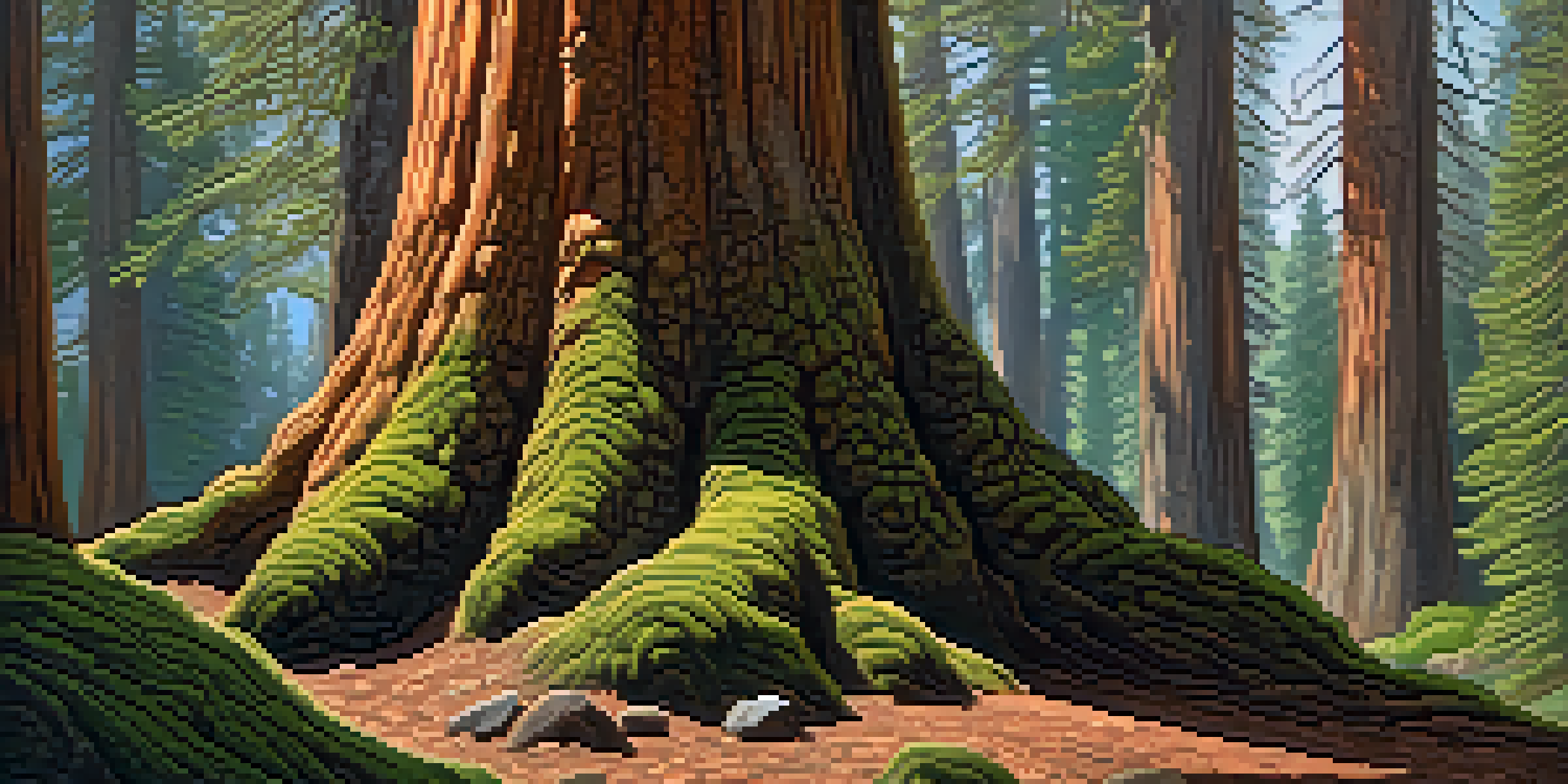 A close-up of a giant sequoia tree with thick bark, sunlight filtering through its branches, and a moss-covered forest floor.