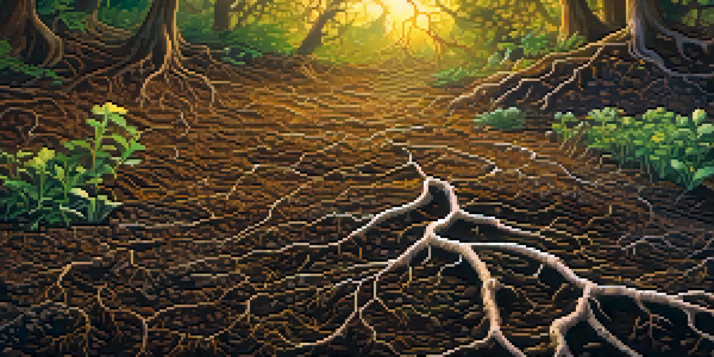 A close-up view of healthy soil with visible microorganisms, roots, and colorful mycorrhizal fungi under warm sunlight.