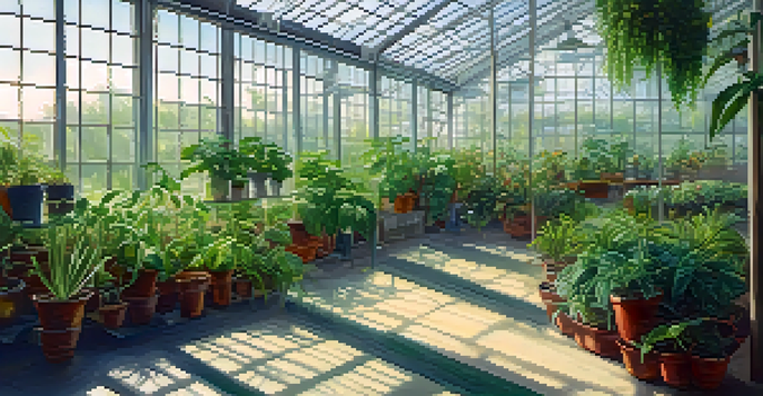A bright and lively greenhouse filled with various green plants, sunlight streaming in through glass panels, with open vents and a shade cloth in the background.
