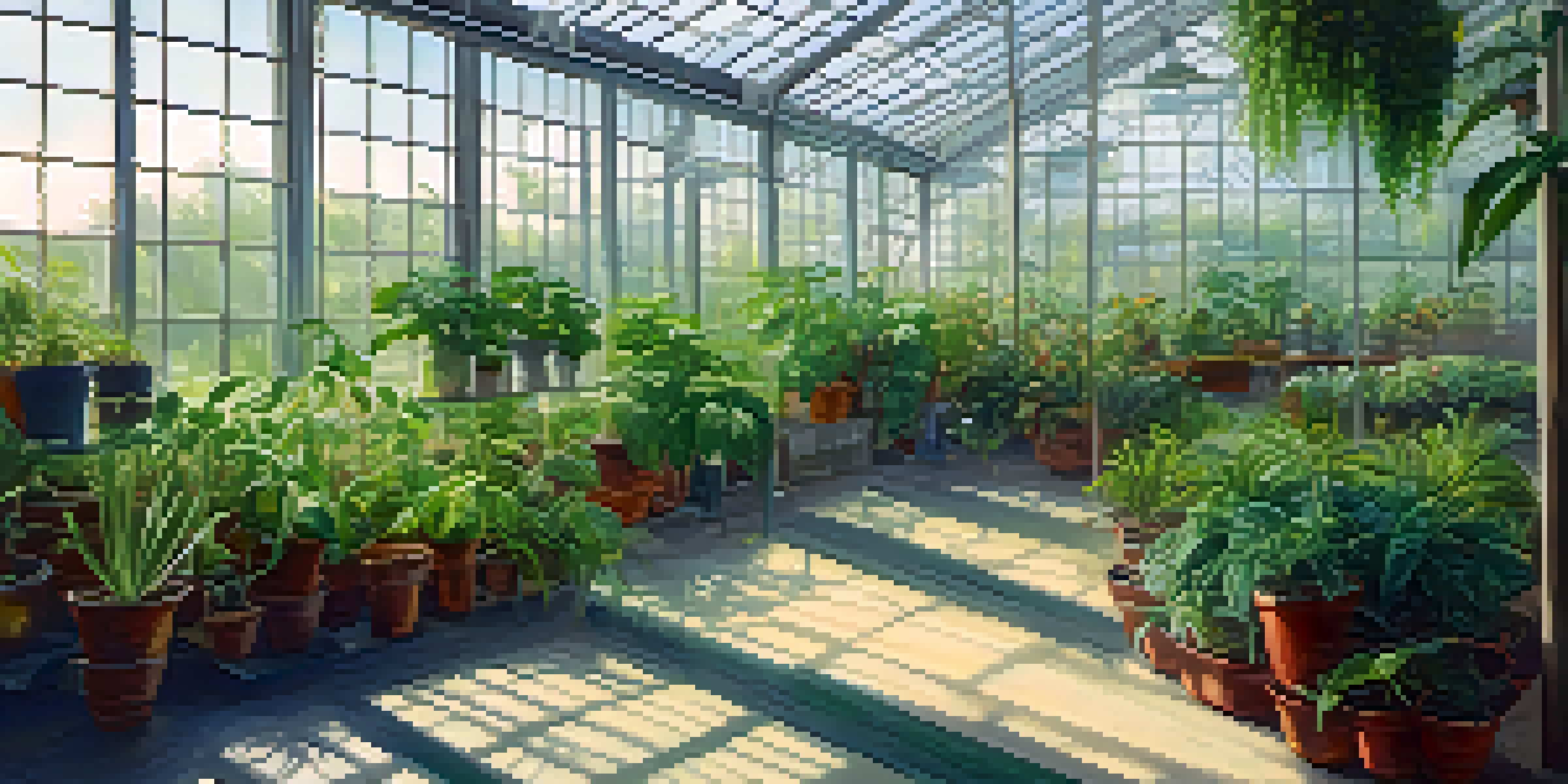 A bright and lively greenhouse filled with various green plants, sunlight streaming in through glass panels, with open vents and a shade cloth in the background.