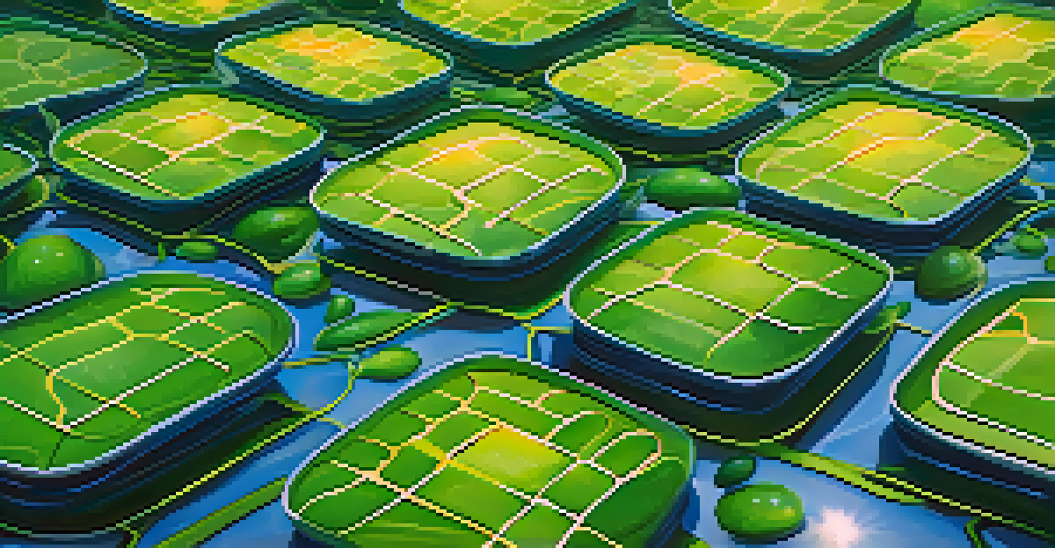 An artistic depiction of chloroplasts in a plant cell, resembling solar panels, with sunlight and a colorful background.