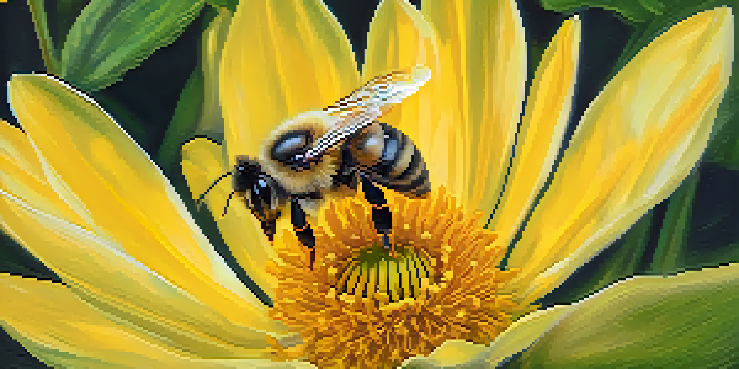 A close-up of a bee on a yellow flower, showcasing the details of the insect and flower petals.