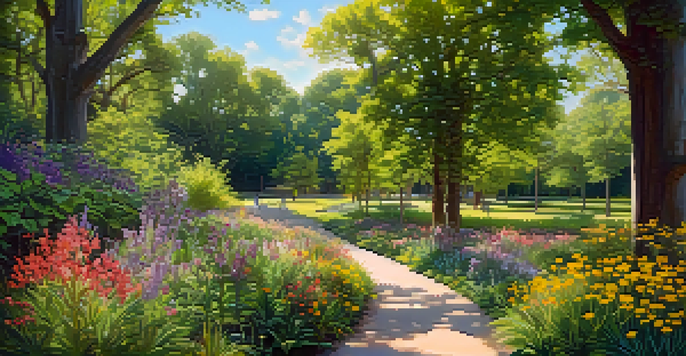 A lively urban park filled with blooming native flowers and tall trees, with sunlight filtering through the foliage.