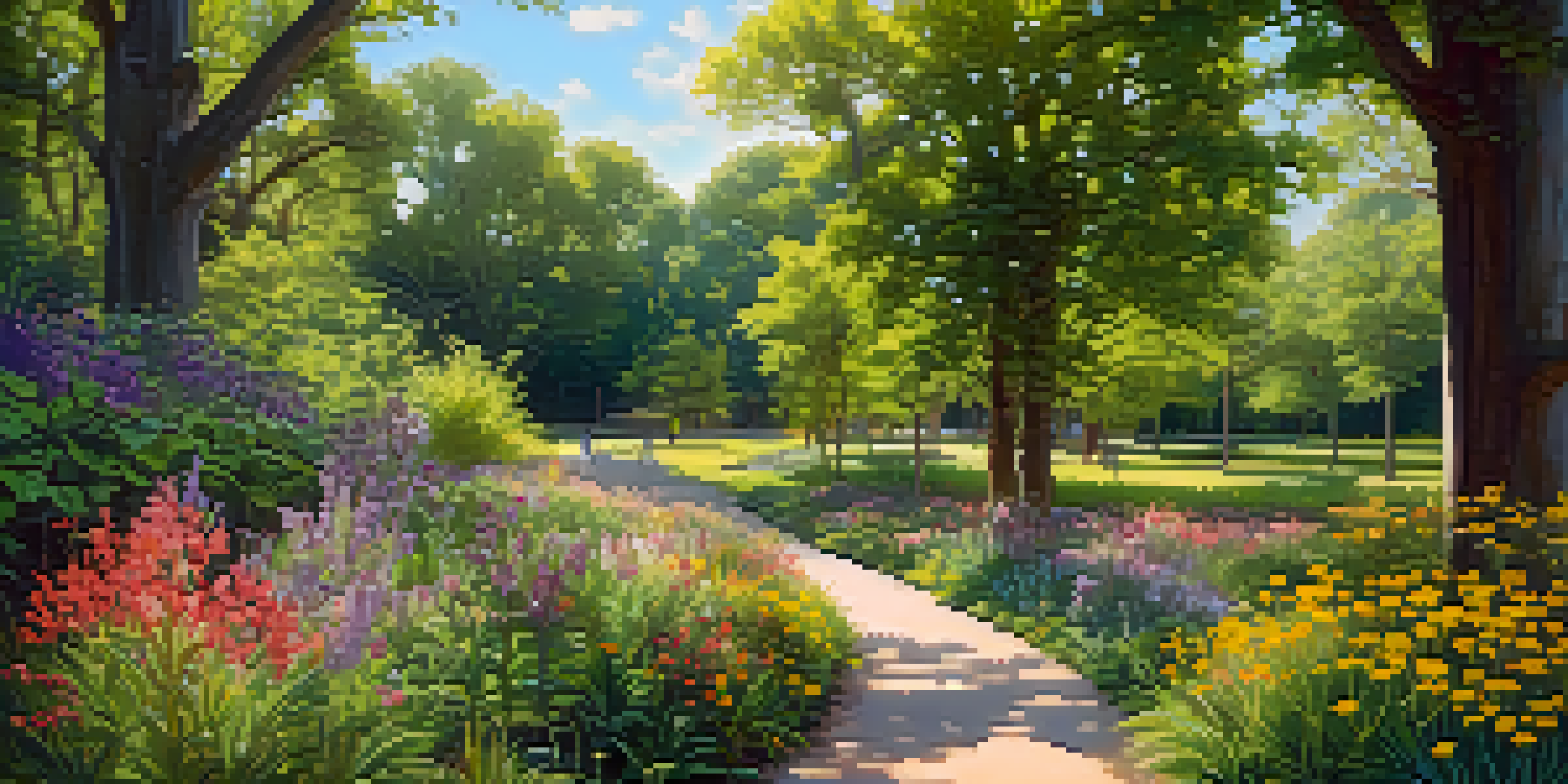 A lively urban park filled with blooming native flowers and tall trees, with sunlight filtering through the foliage.
