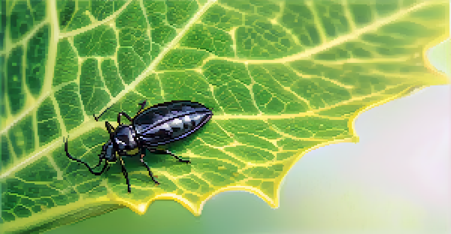 A close-up of a green plant leaf with small holes and black insects, illustrating the effects of climate change on plant health.