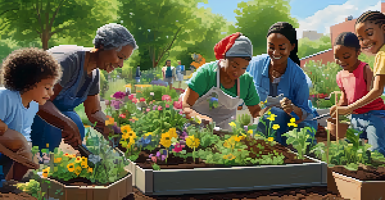 A diverse group of gardeners planting perennials in a sunny community garden, promoting sustainability.
