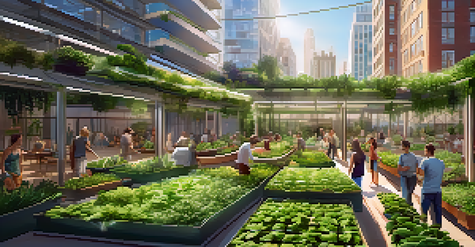 An urban garden with vertical farming filled with green plants, showcasing community members tending to them under bright sunlight.
