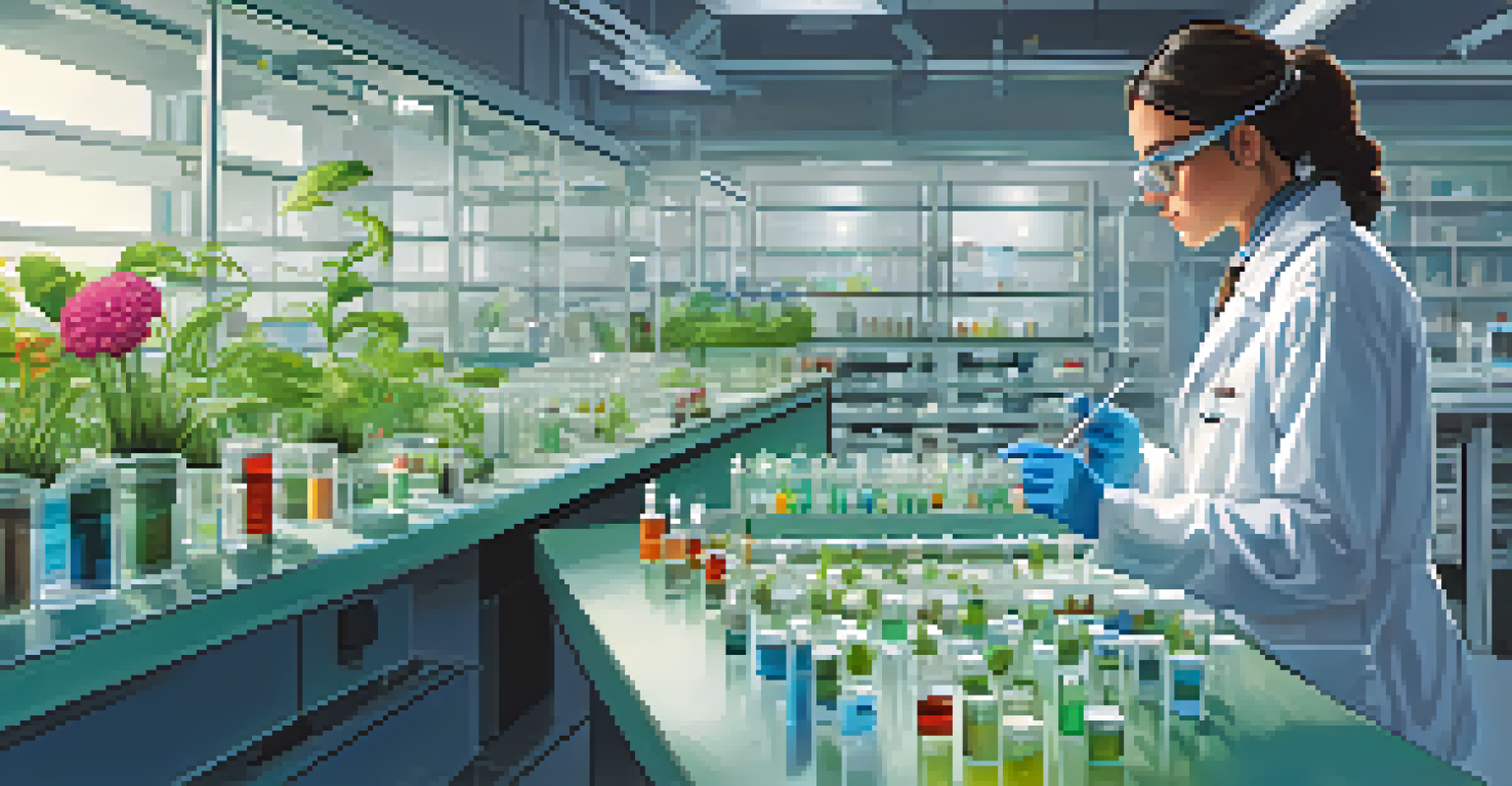 An agricultural scientist in a lab looking at plant samples under a microscope, surrounded by biotechnological tools.