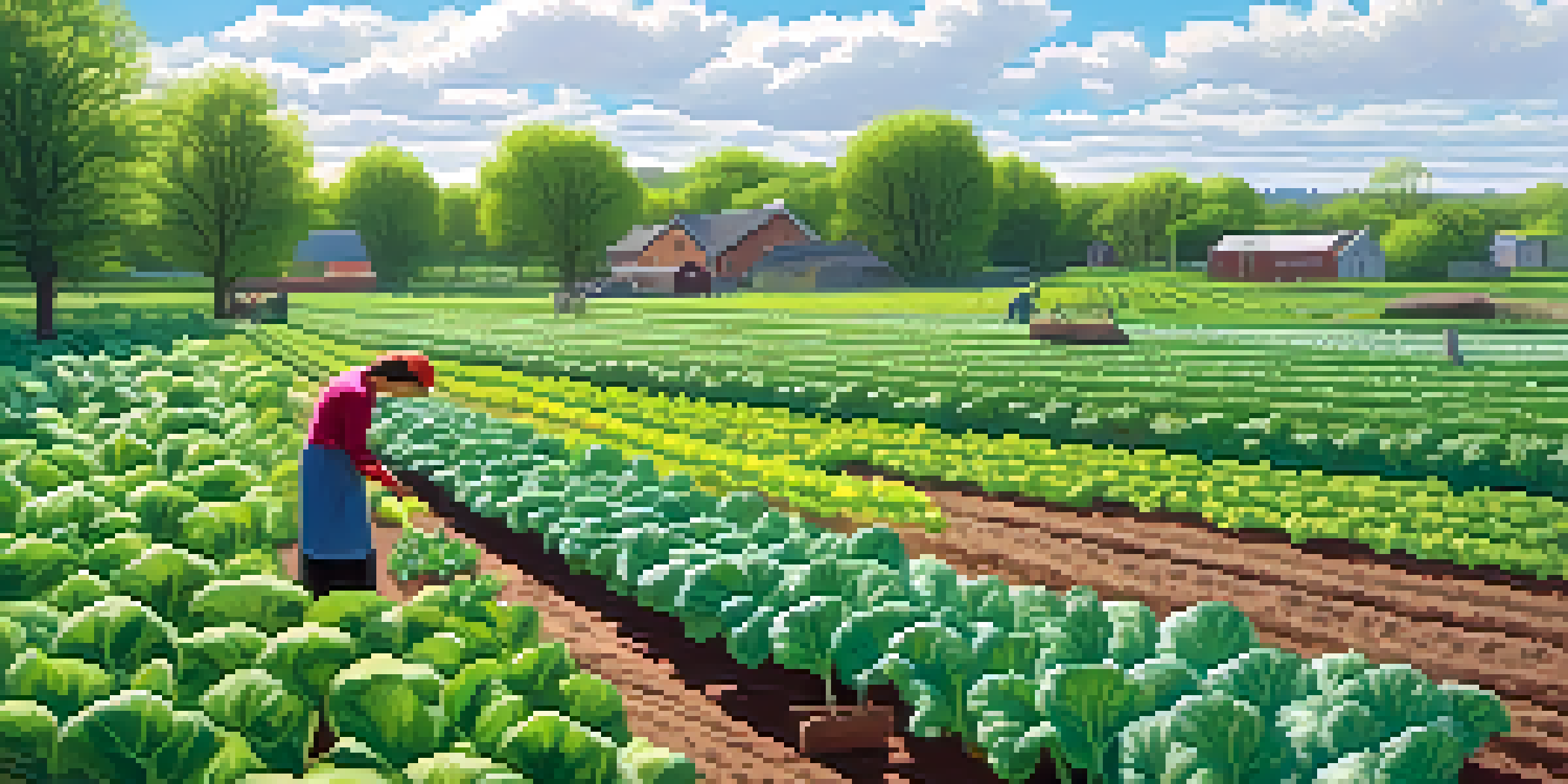 A spring garden with green leafy vegetables like spinach and kale, a gardener working in the soil under a sunny sky.