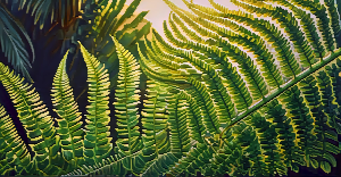 A close-up of a green fern with soft golden light illuminating its leaves, set against a blurred natural background.