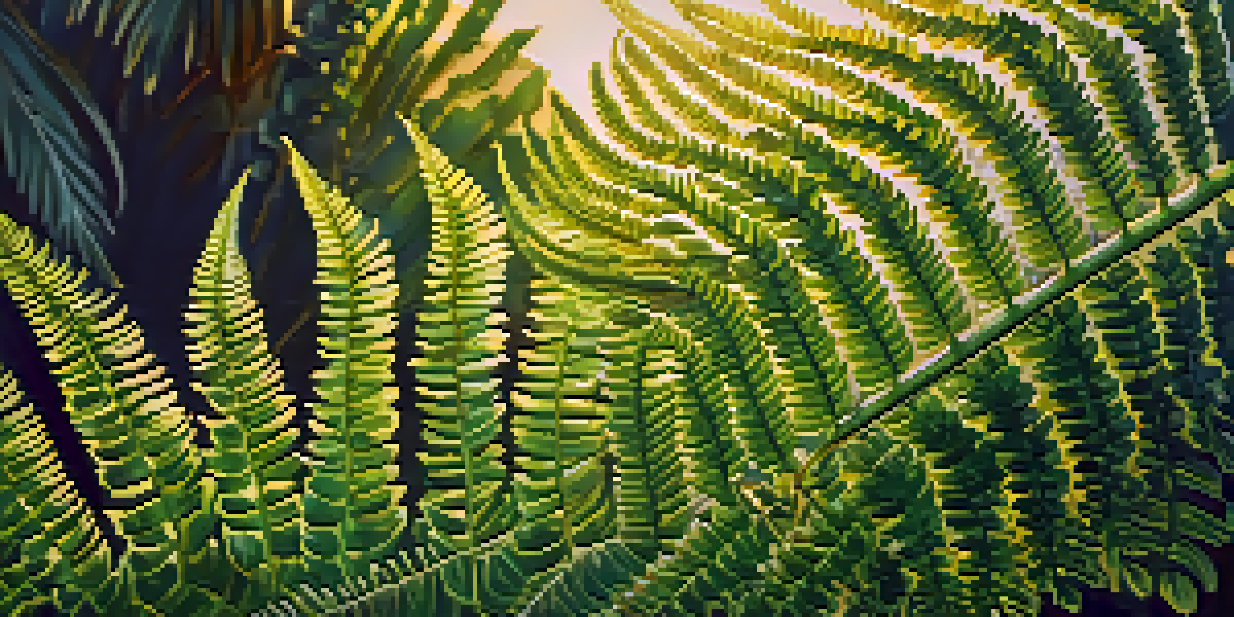 A close-up of a green fern with soft golden light illuminating its leaves, set against a blurred natural background.