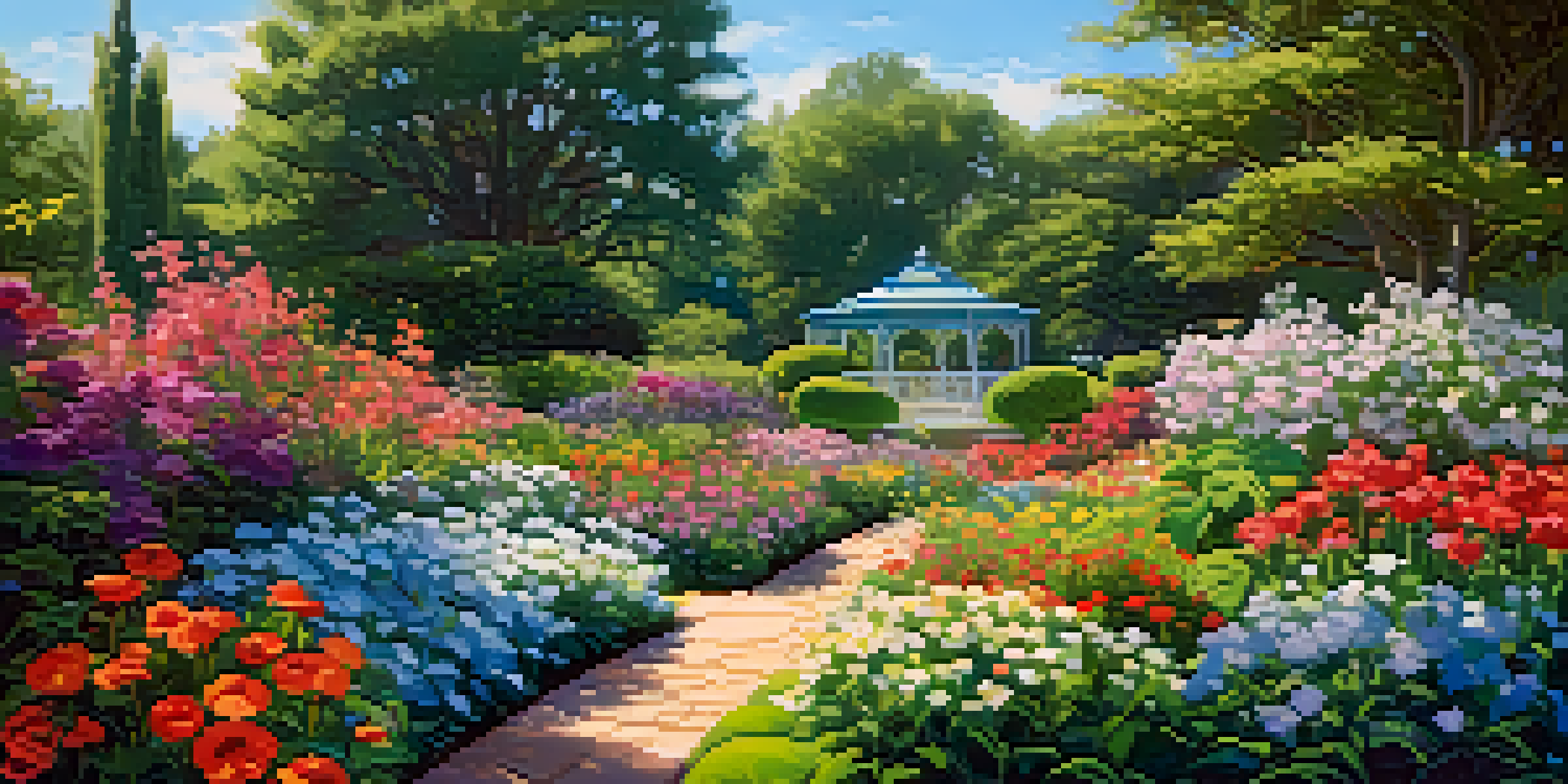 A beautiful botanical garden filled with colorful flowers and lush greenery under a sunny sky.