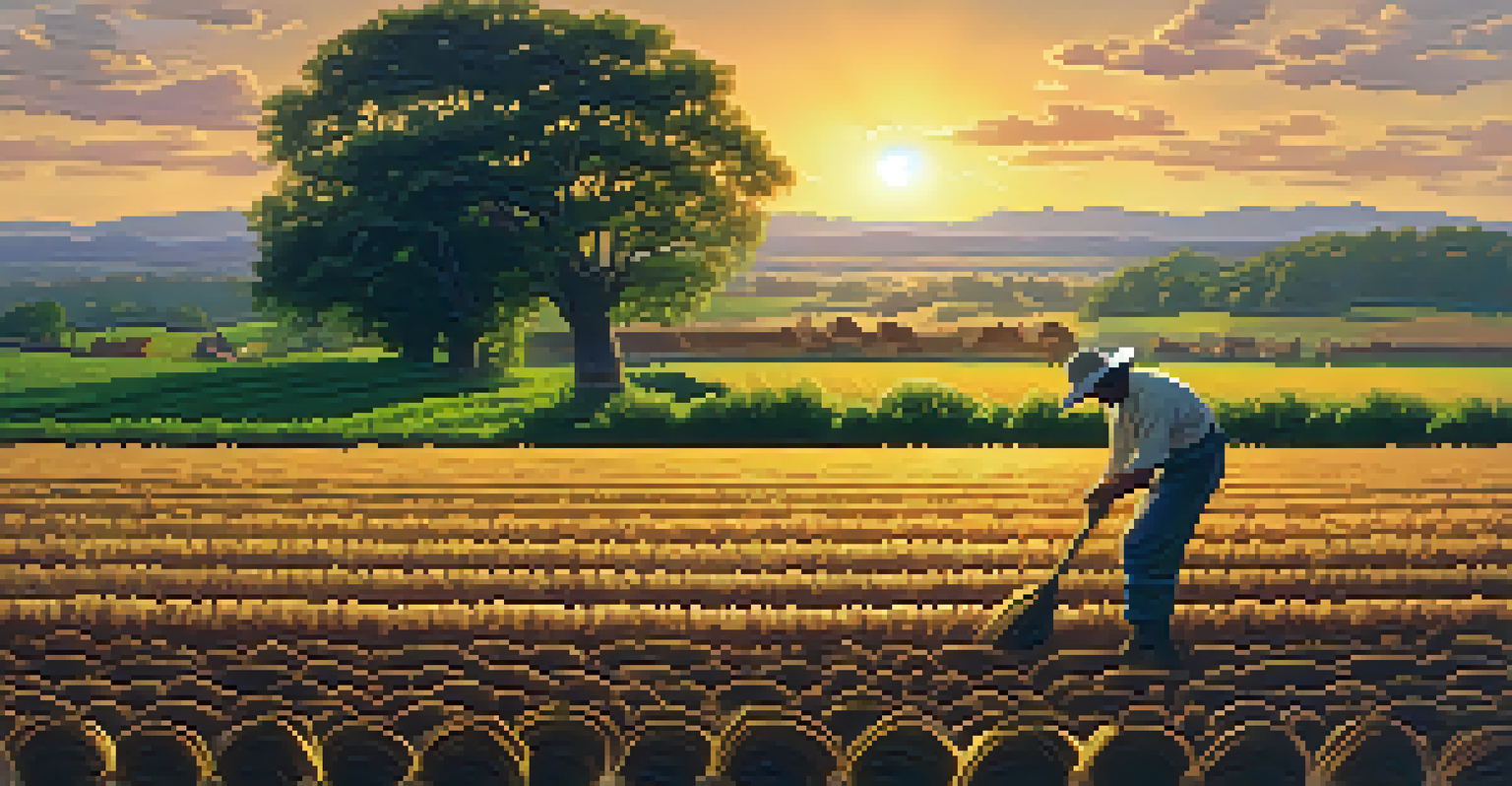 A farmer planting seeds in a green field with a sunset backdrop, representing sustainable agriculture and nitrogen fixation.