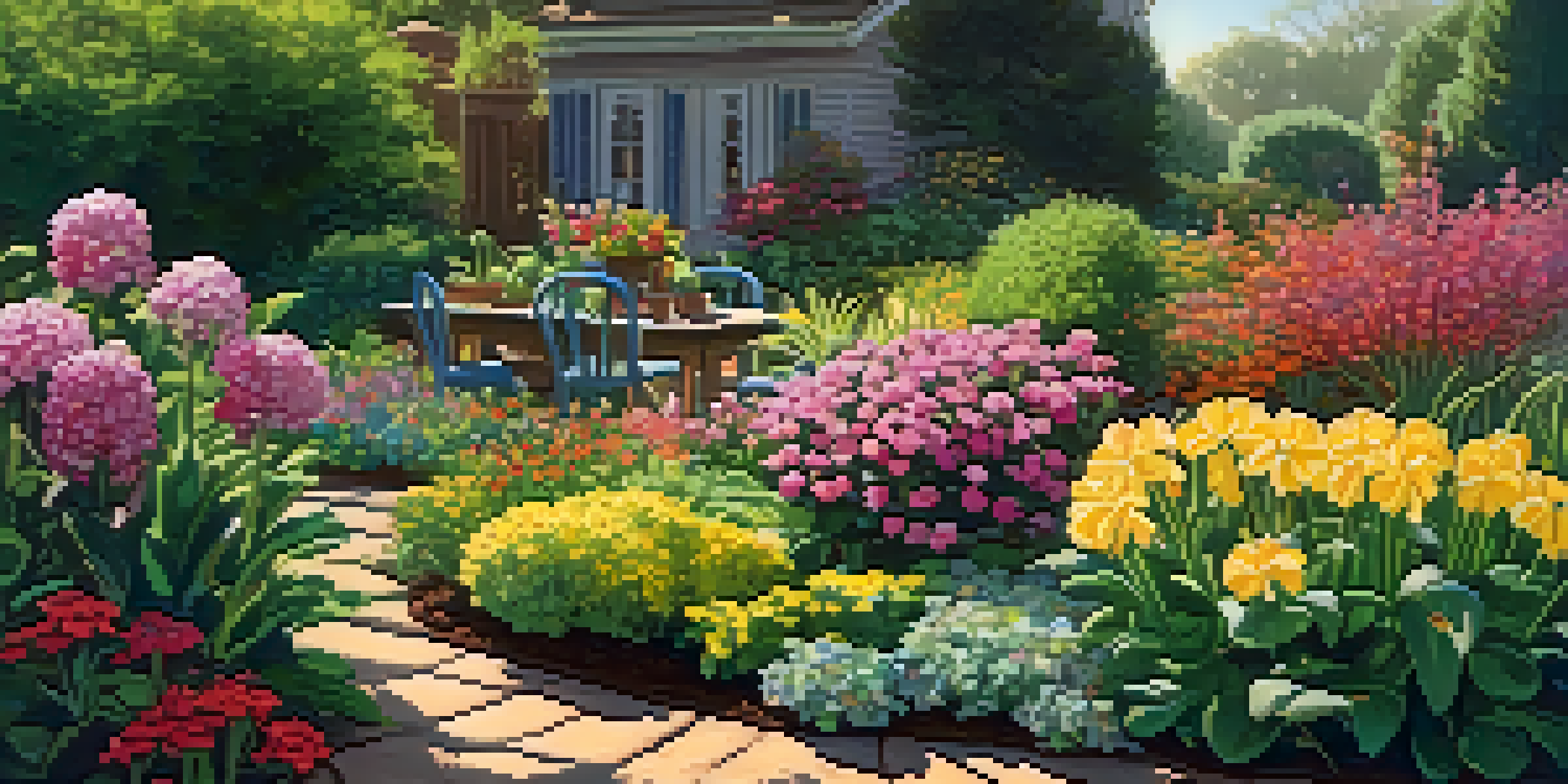 A gardener applying fertilizer in a colorful garden filled with blooming plants and sunlight filtering through the leaves.