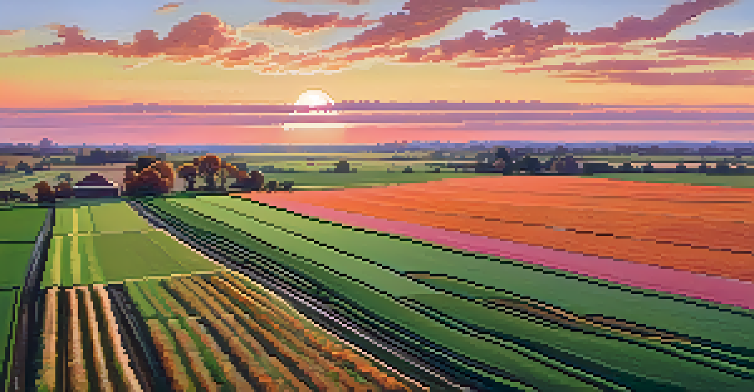 An agricultural landscape at dusk with green and yellow crops under a sunset sky of orange and pink.