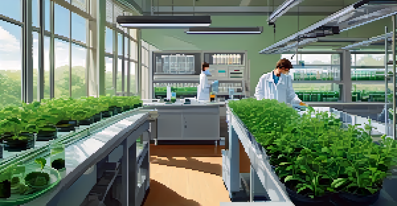 Scientists working in a laboratory on plant genetics with various equipment and green plants visible through a window, emphasizing the blend of science and nature.
