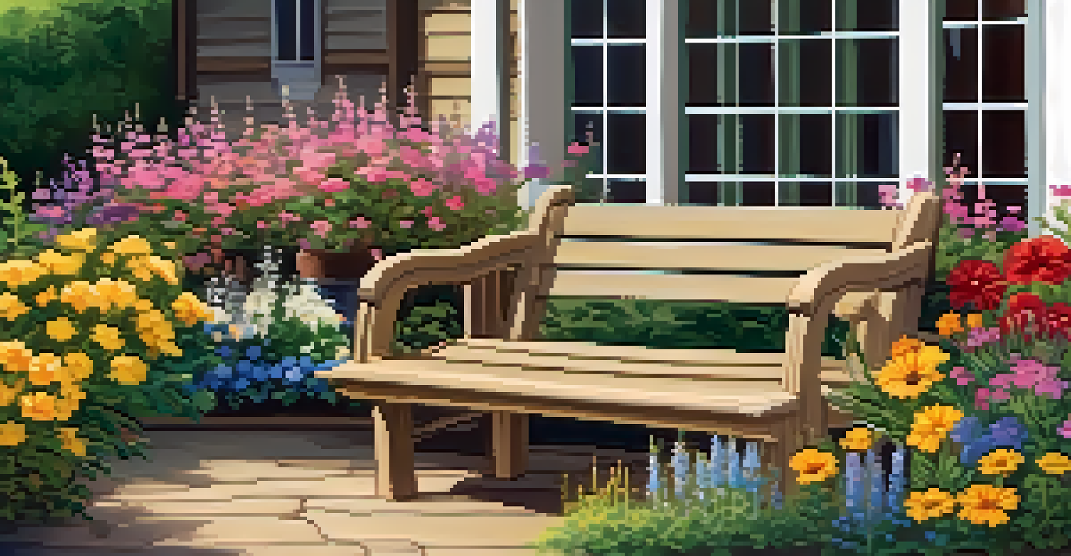 A garden combining annual and perennial plants, with a rustic bench surrounded by colorful flowers in warm afternoon light.