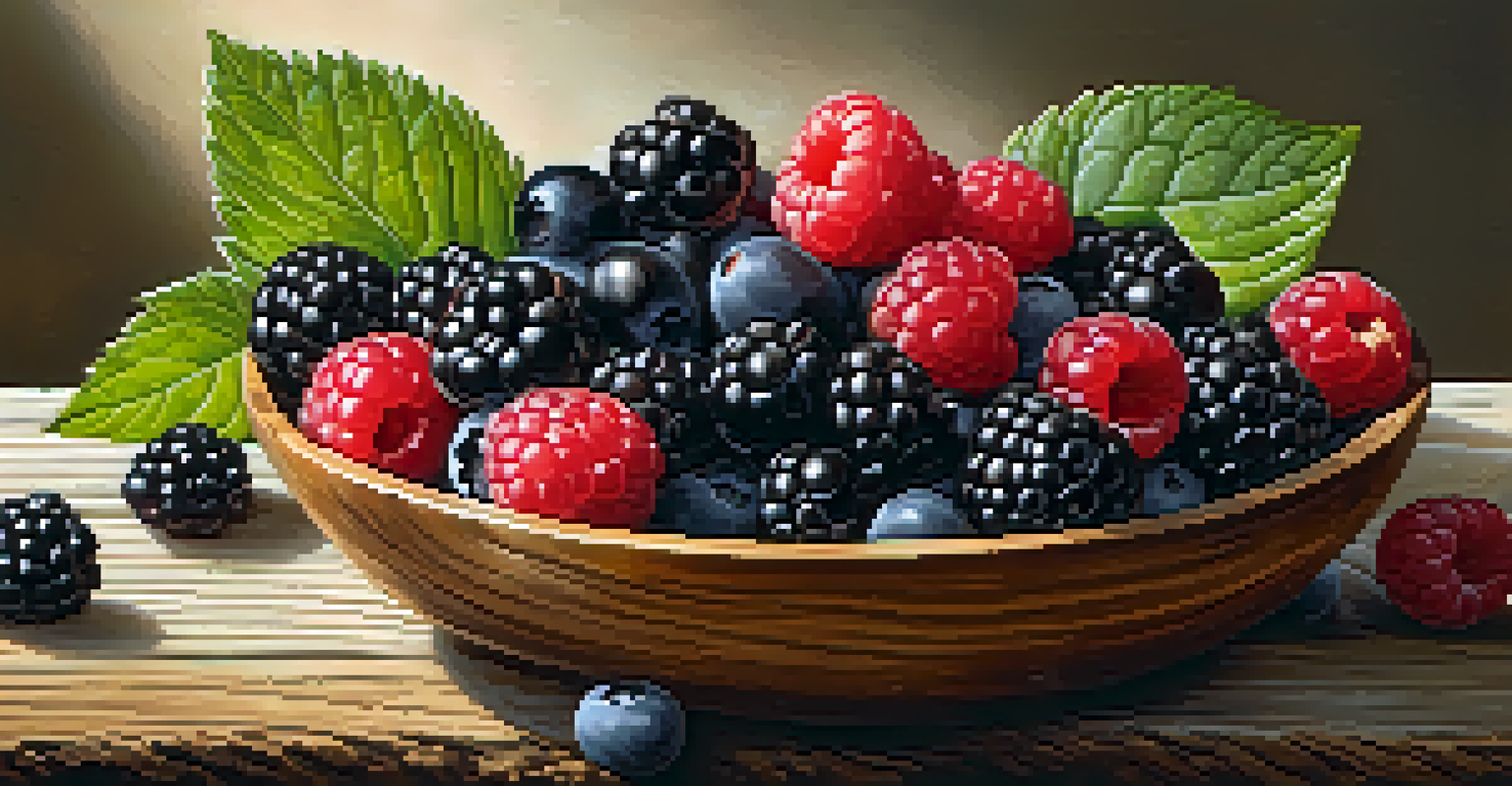 A rustic wooden bowl filled with freshly foraged wild berries, including blackberries, raspberries, and blueberries, glistening with dew.