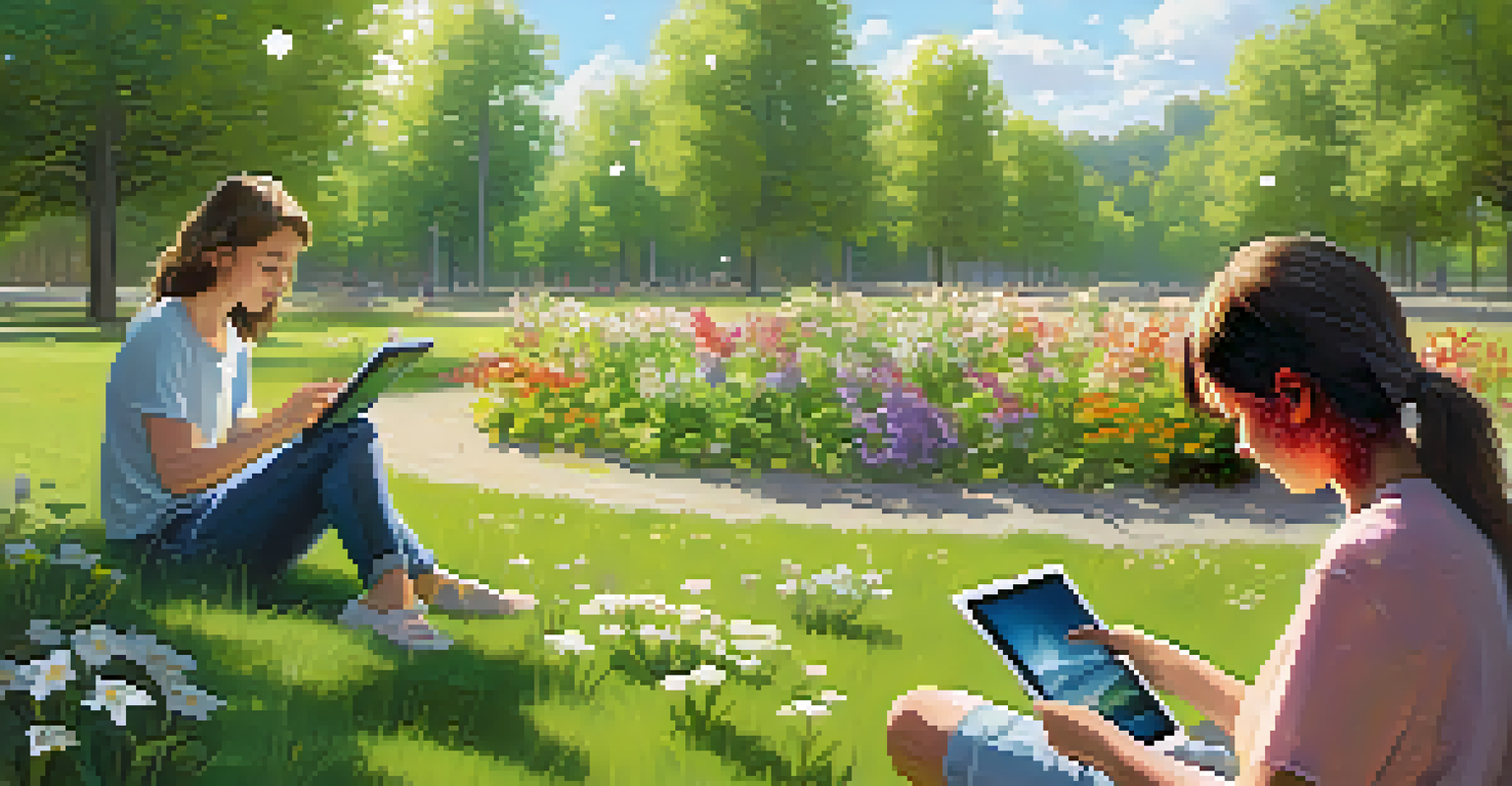 Students in a sunny park using tablets to identify plants, surrounded by trees and flowers.