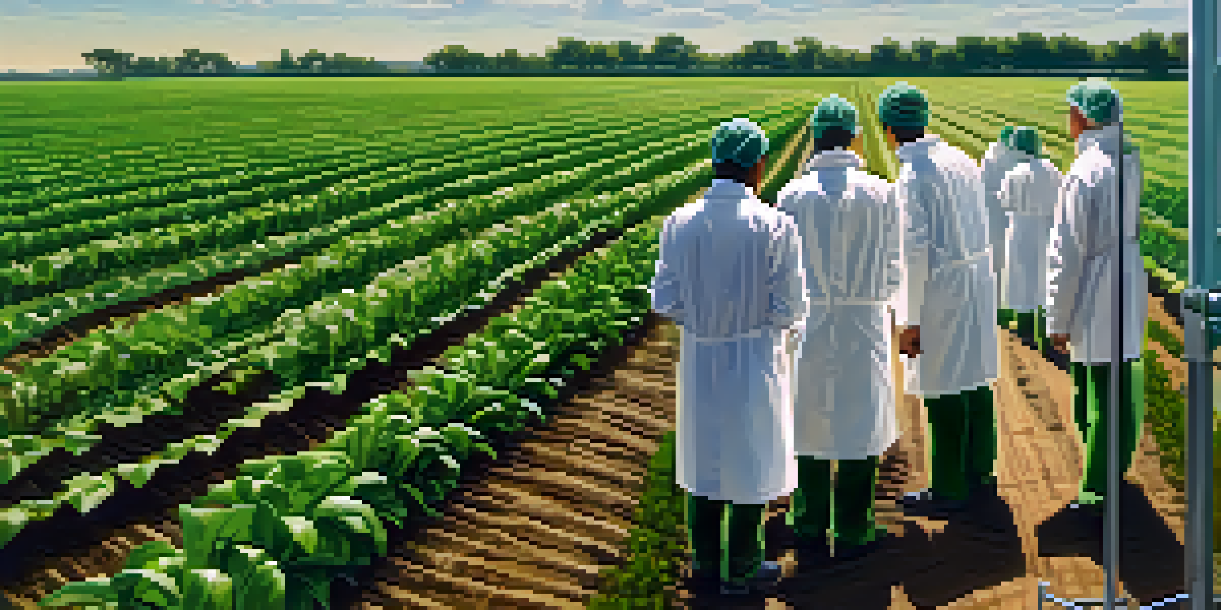 Researchers in lab coats examining two rows of crops in a field trial, one traditional and one genetically modified, under clear skies.