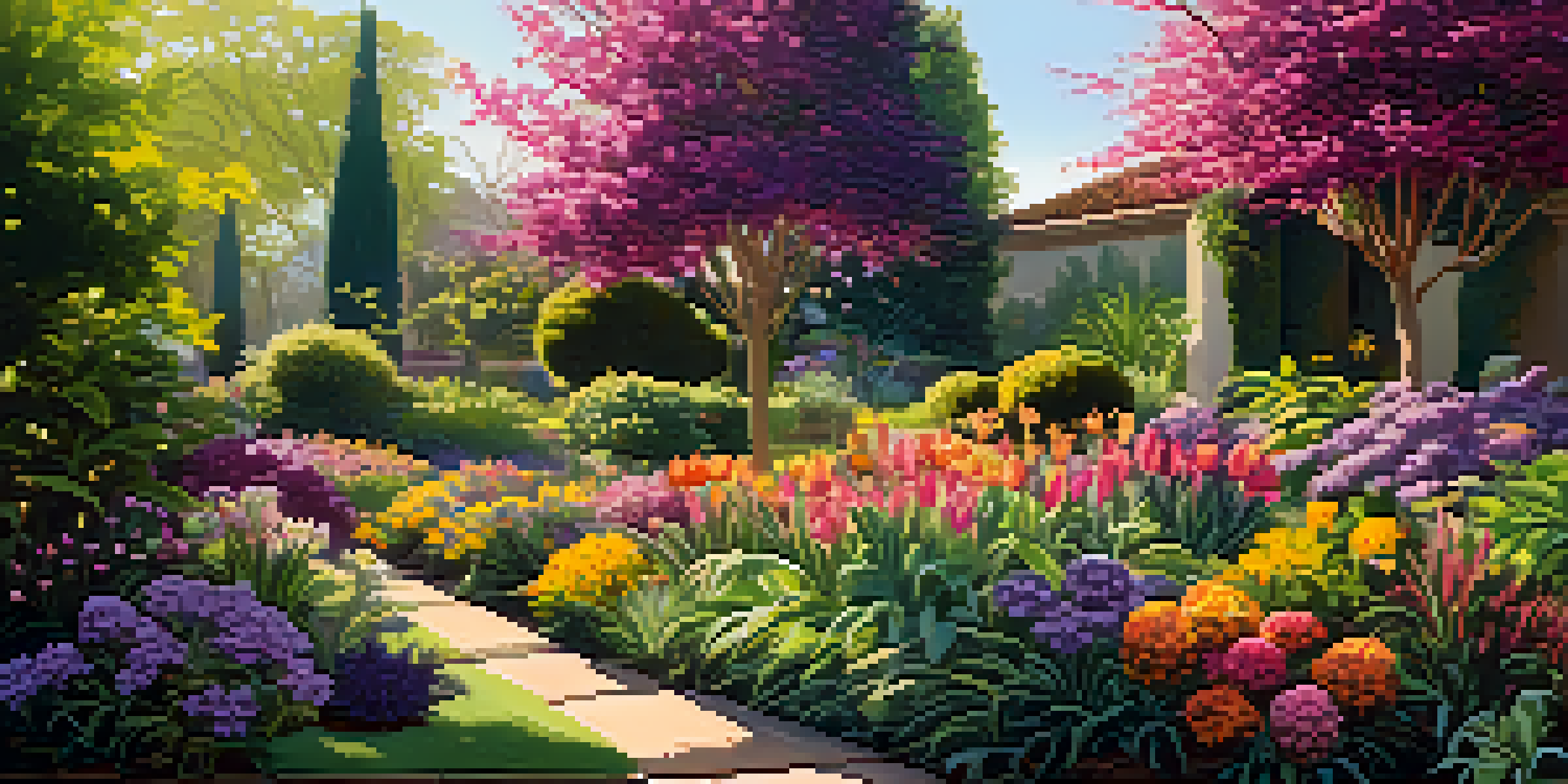 A colorful garden filled with healthy plants and blooming flowers under bright sunlight.