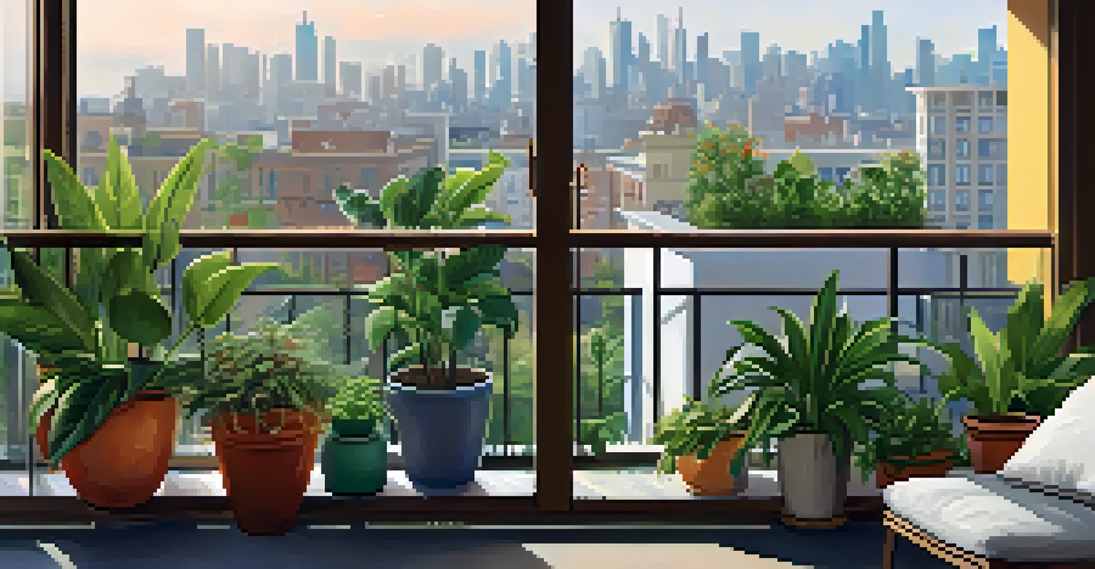 A balcony garden with indoor plants and a city skyline in the background.