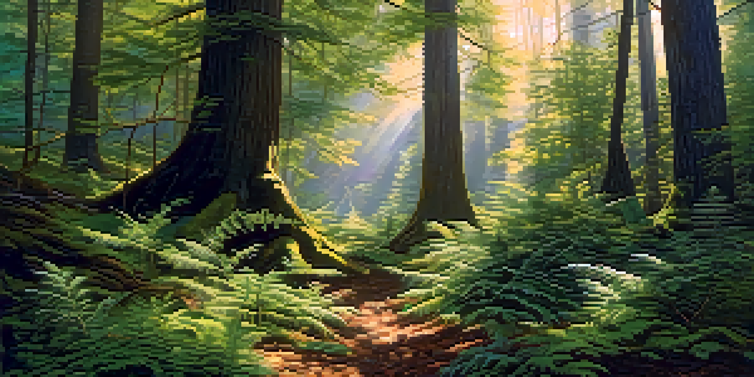 A vibrant forest with various types of trees and wildlife, illuminated by sunlight.