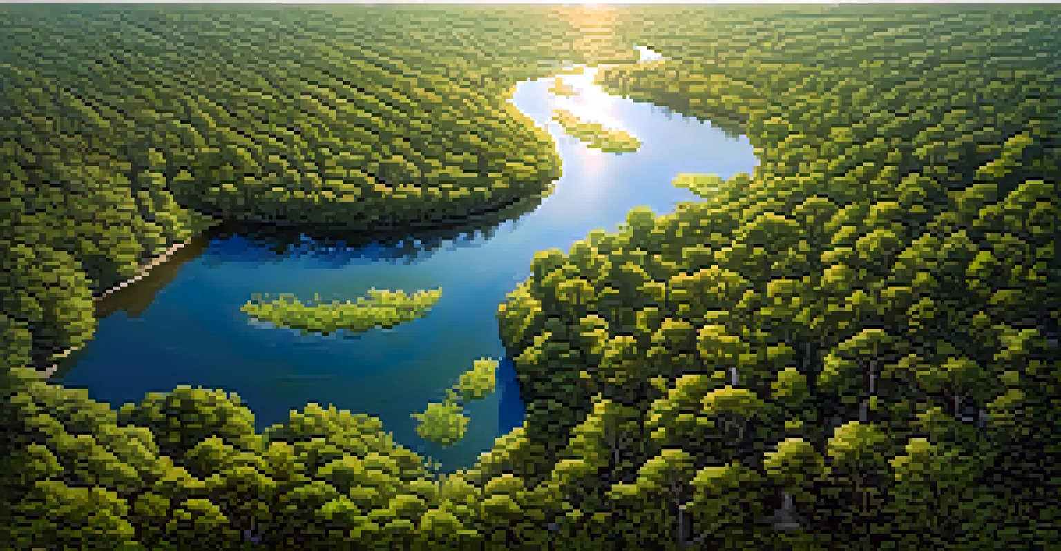 An aerial view of a lush restored forest with a winding river and wildlife, illuminated by sunlight filtering through the trees.