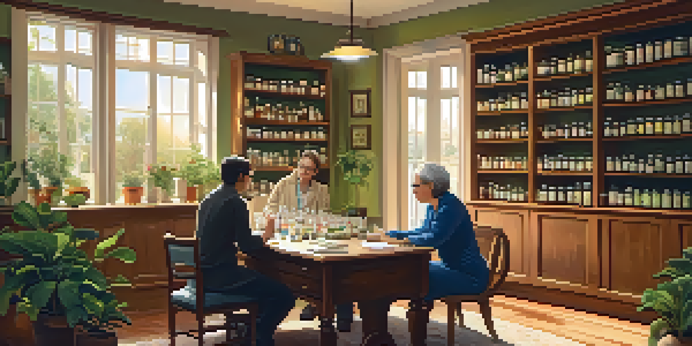 A homeopathic practitioner in a cozy room listens to a young man, surrounded by shelves of remedies and plants.