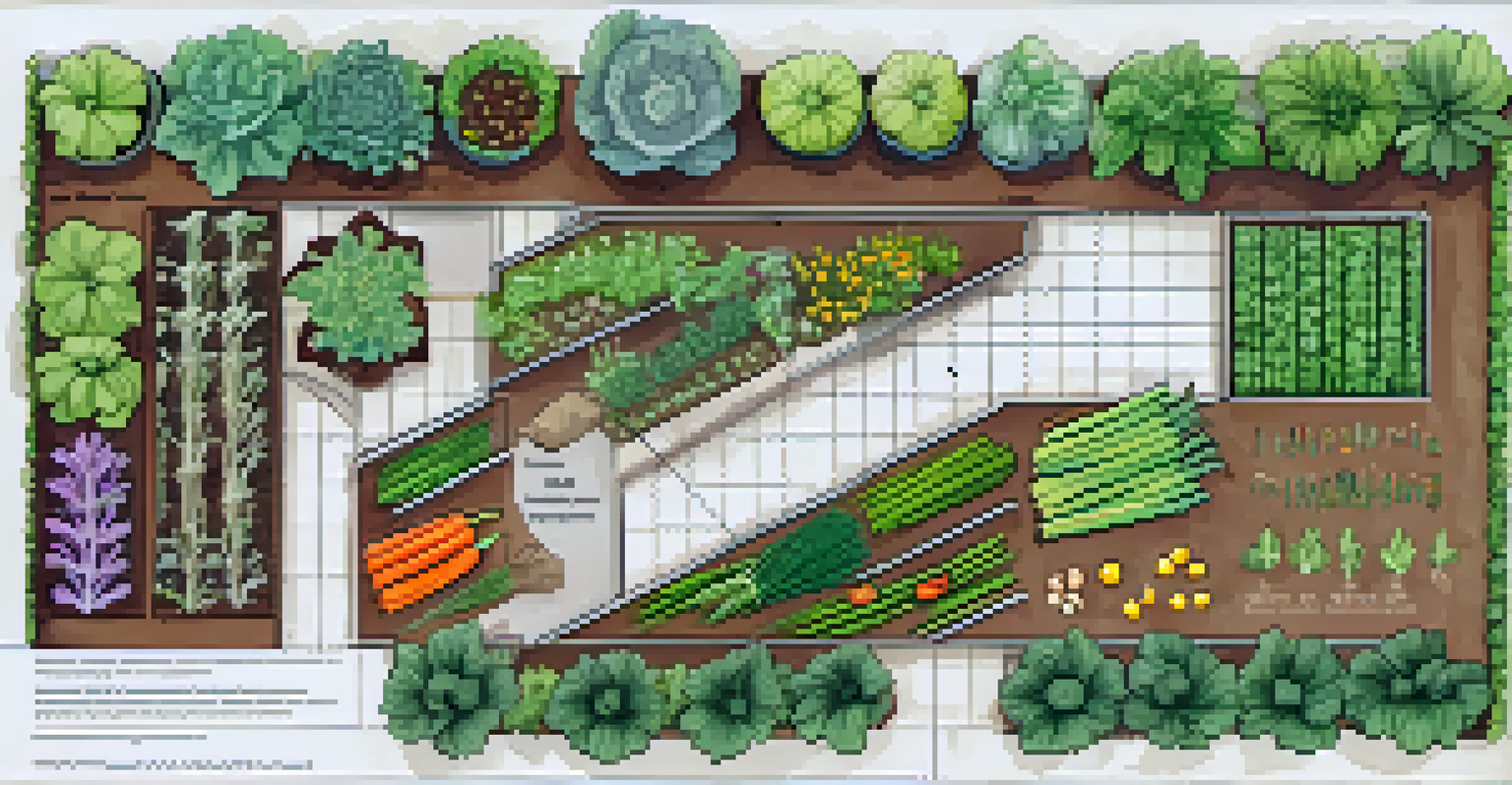 An overhead sketch of a companion planting garden layout with labeled sections for carrots, onions, tomatoes, and more, surrounded by gardening tools.