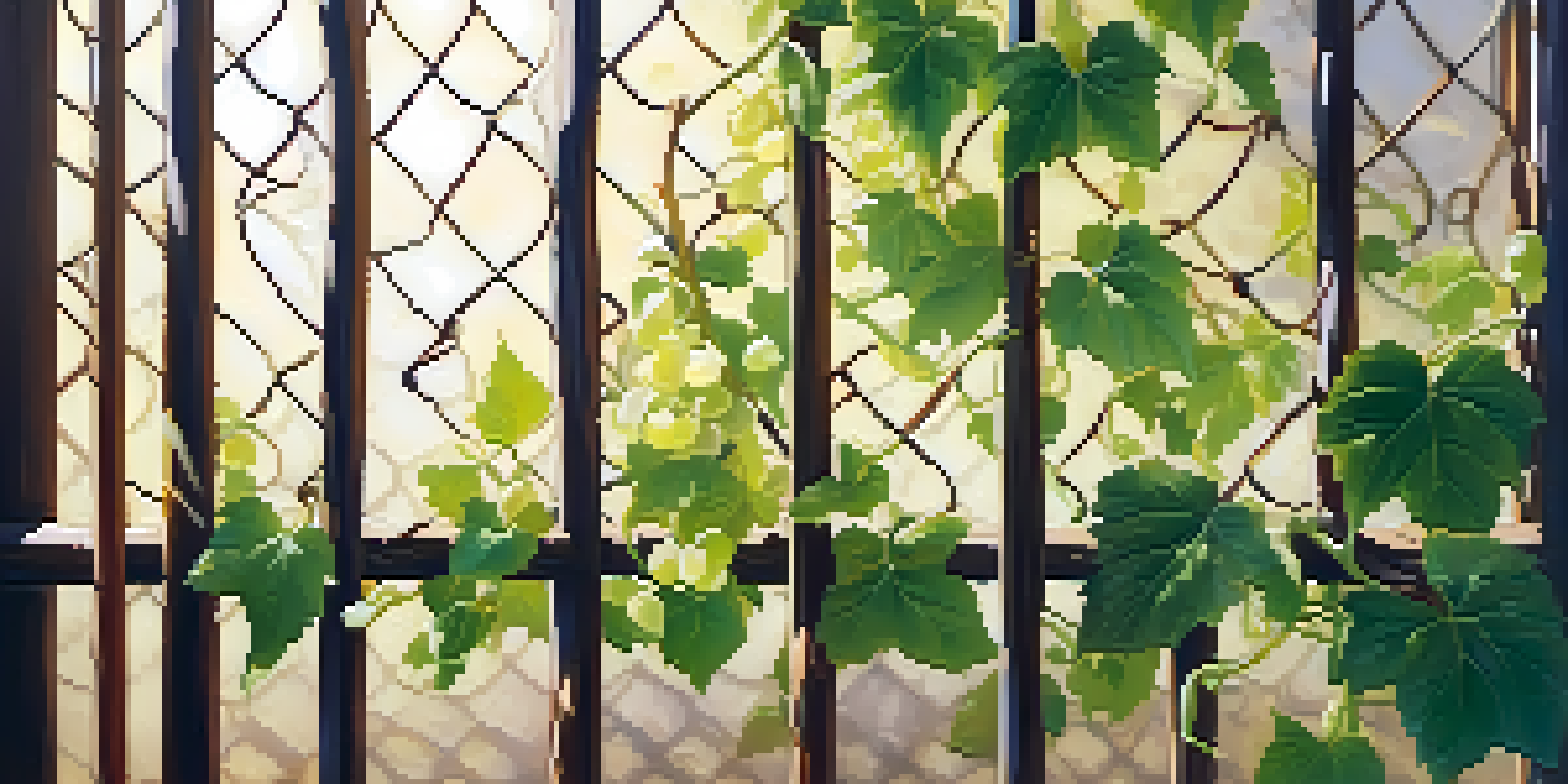A close-up of climbing plants with tendrils wrapped around a wooden trellis, illuminated by sunlight.