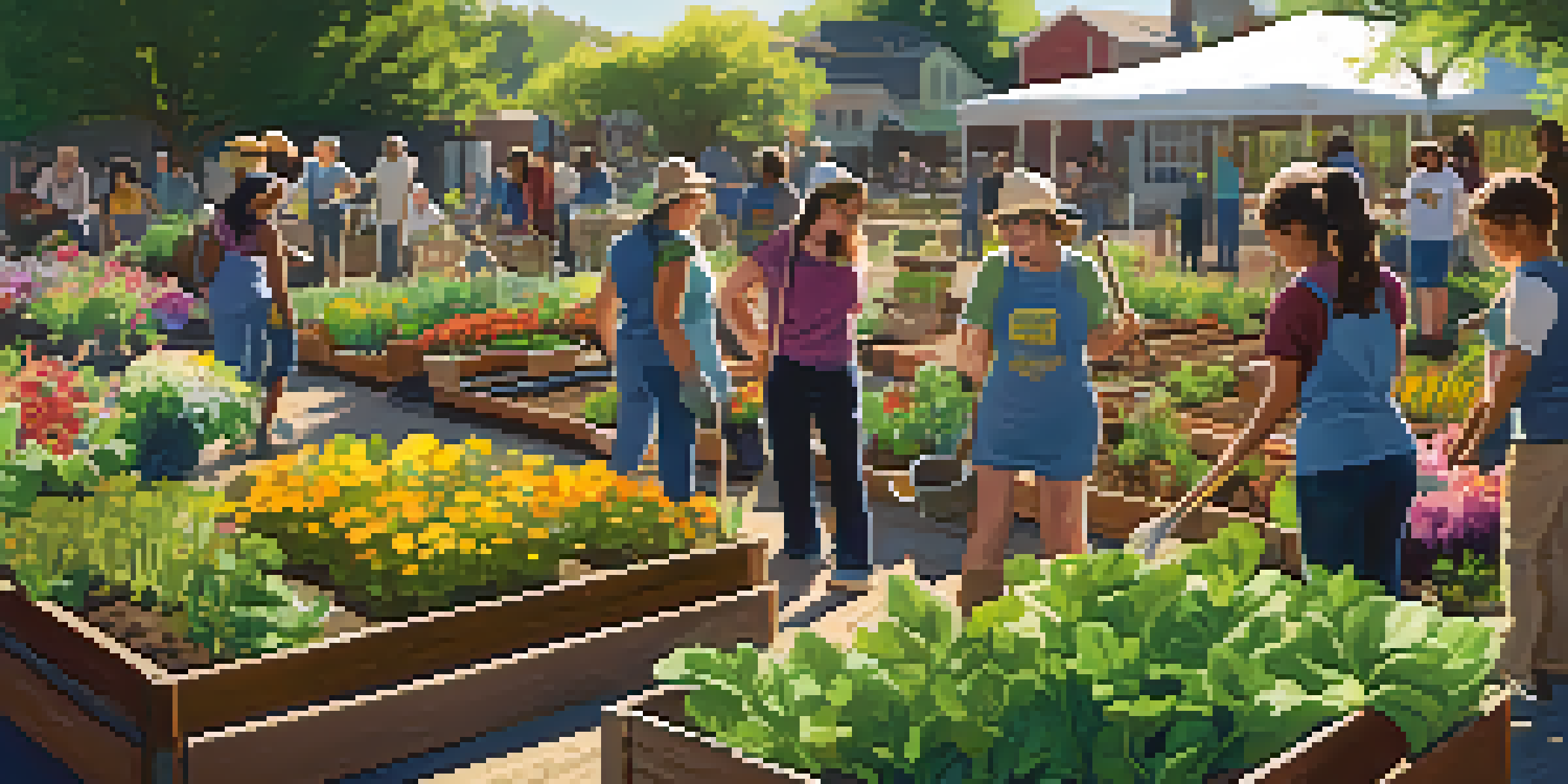 A diverse group of volunteers working together in a colorful community garden under warm sunlight.