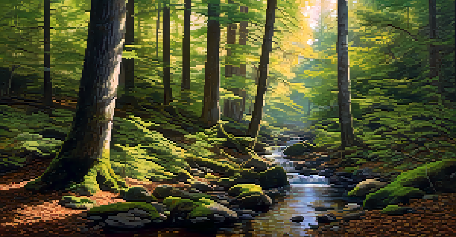 A lush forest with various trees and a stream, illuminated by sunlight filtering through the leaves.