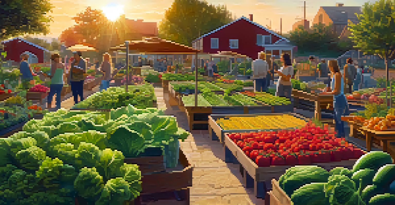 A community garden with a mix of vegetables and energy crops, illuminated by the golden light of sunset, with people tending to the plants.