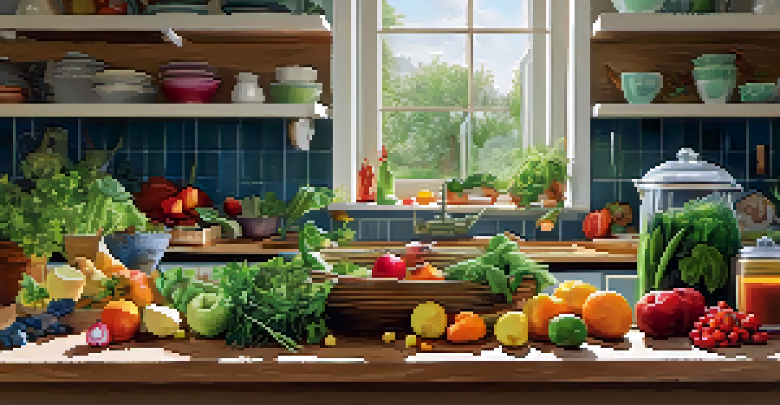 A colorful kitchen countertop filled with fresh fruits, vegetables, and herbs, ready for cooking a plant-based meal, with a garden visible through the window.