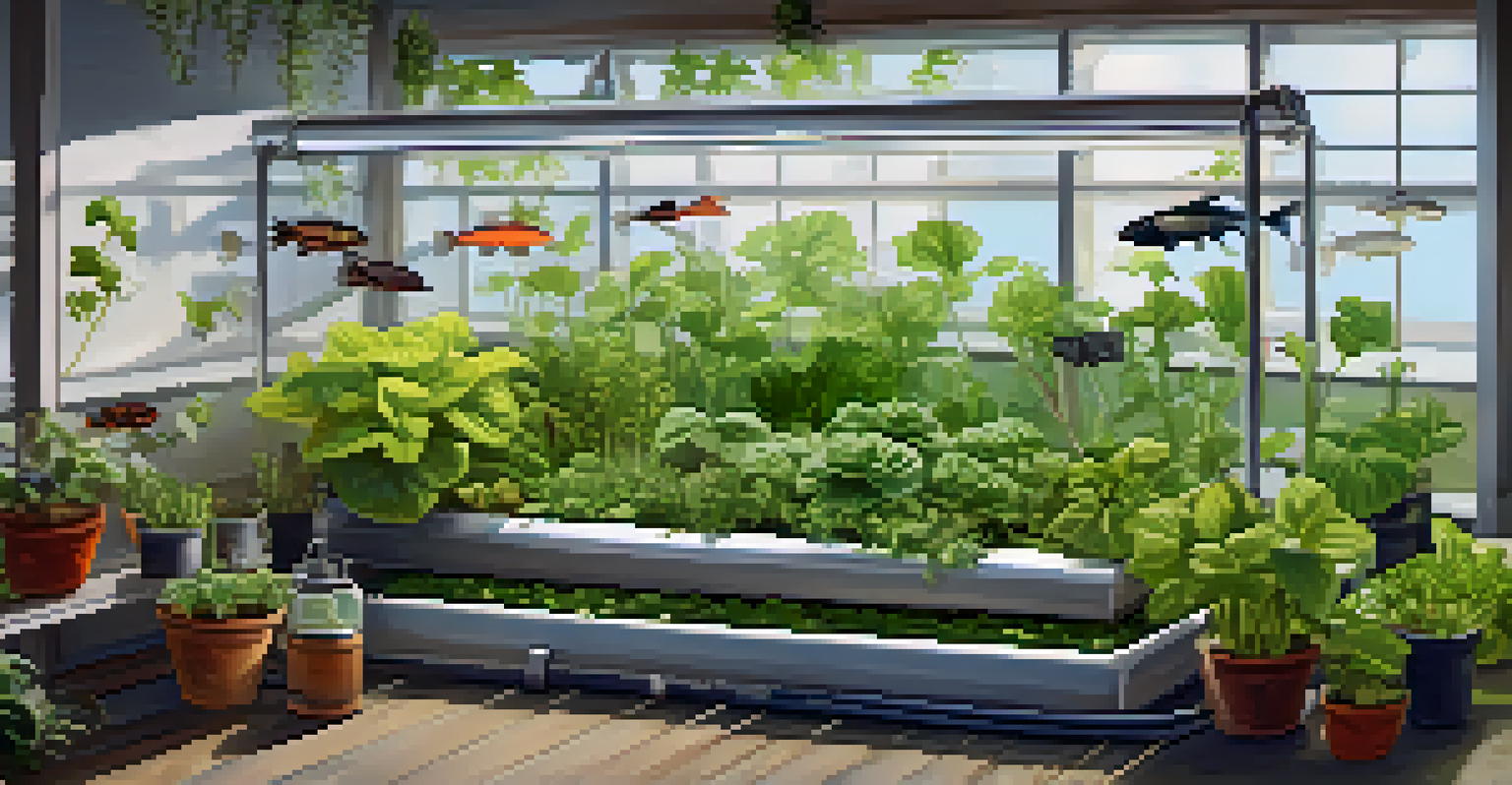 An outdoor aquaponics garden with plants growing vertically beside a fish tank, surrounded by a sunny environment.
